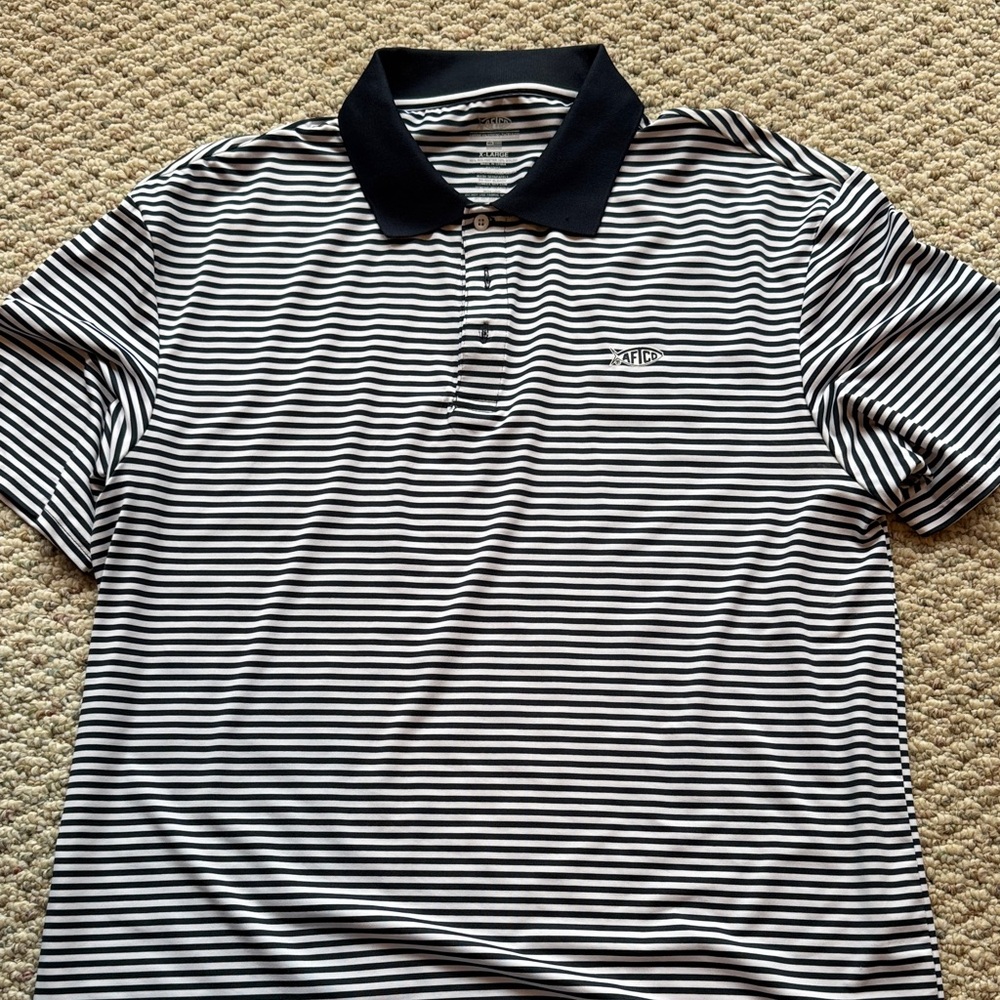 AFTCO Black and White Striped Polo Shirt